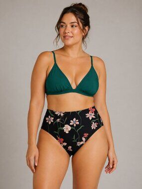 Shade & Shore XL 16 Green Bikini Top & Floral Black High-Waist Bottom Set NEW